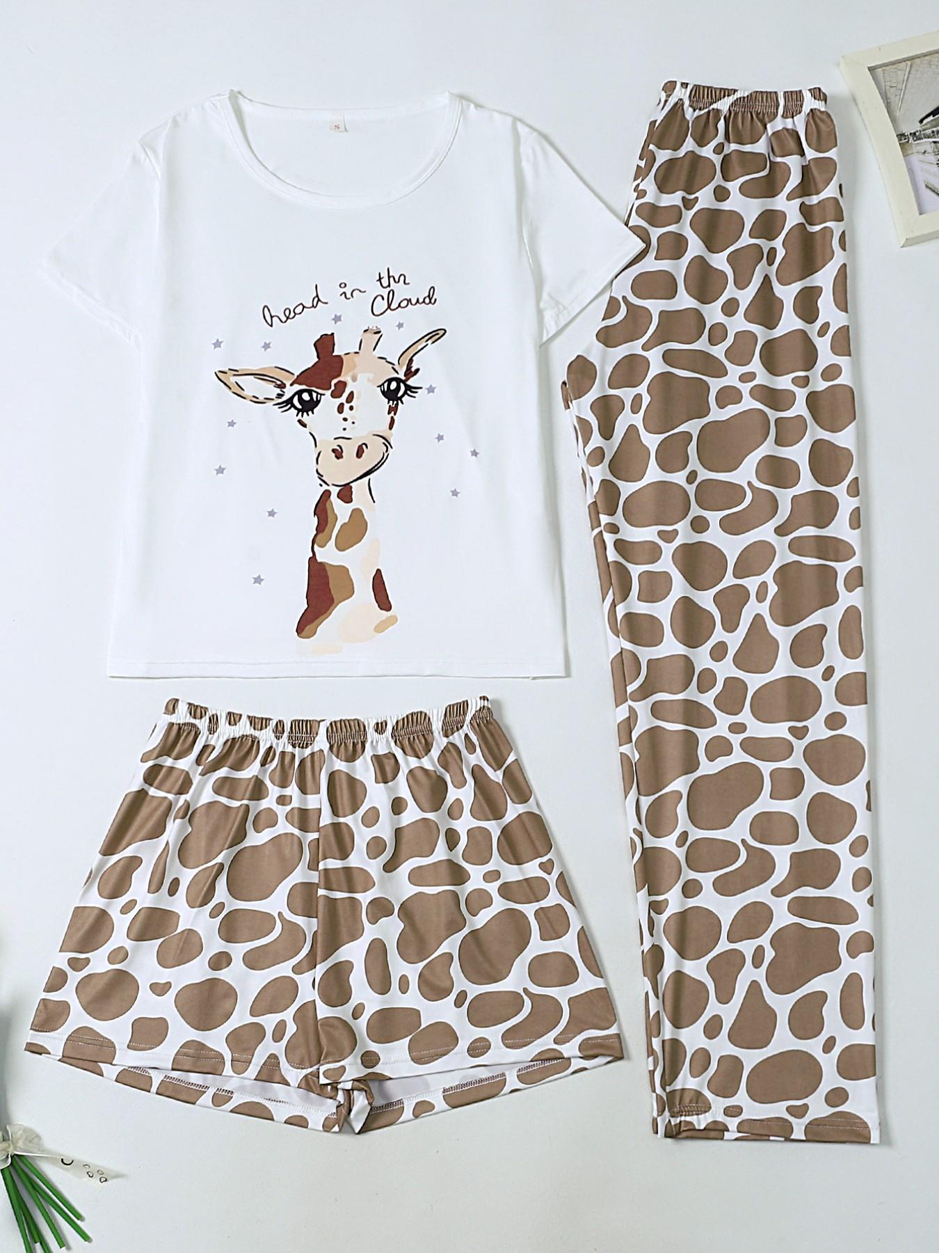 Women's 3-Piece Pajama Set, Round Neck Short Sleeve, Elastic Waist, Giraffe Print, Breathable Milk Silk Fabric, Casual Summer Sleepwear