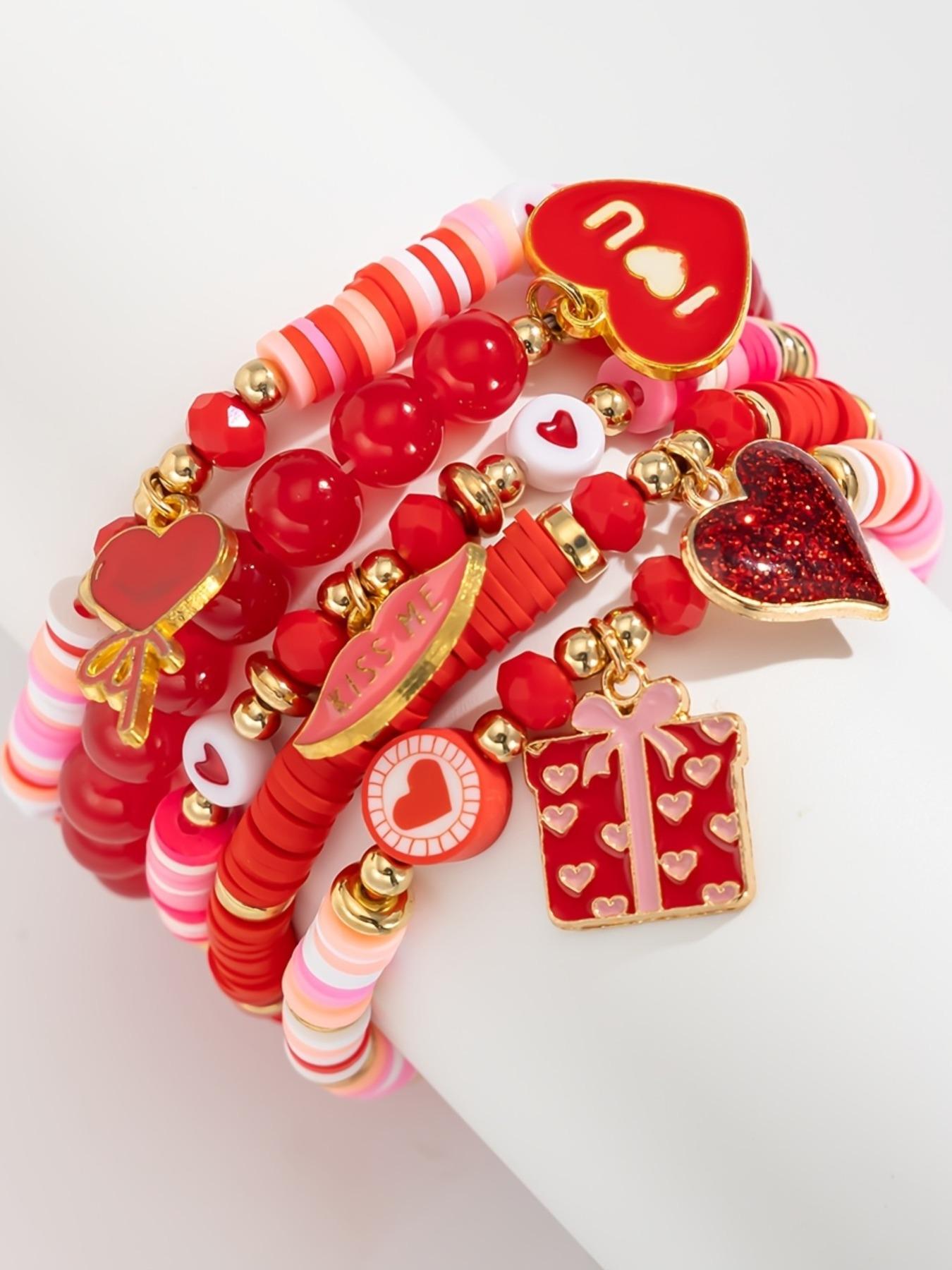 Valentine's Day Handmade Soft Clay Bracelet Set, Elastic Beaded Heart Pendant Jewelry Gift, Perfect for Couples & Romantic Gifts, Trendy Jewellery Accessories