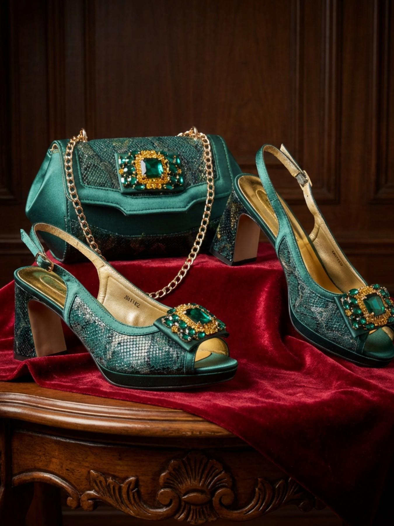 2026 New Designer Fashion Open-Toe High Heels, Elegant Party Olive Color Diamond Decorated Slip-On Shoes, Italian Shoe Bag Set