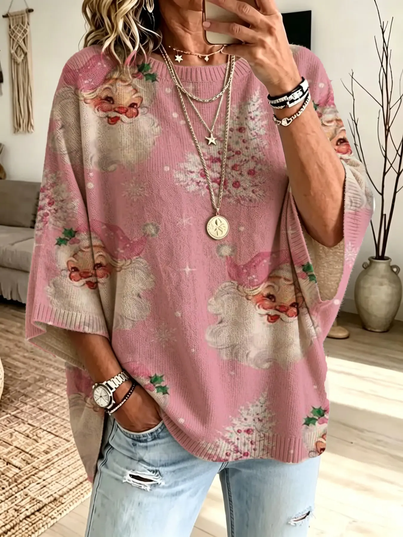Christmas Loose Round Neck Bat Sleeve Knit Top for Women, Lazy Style Lightweight Pullover, Christmas Tree Print Sweater, Slimming Casual Vest