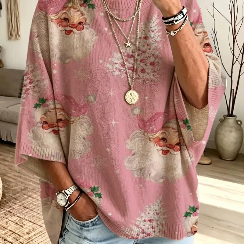 Christmas Loose Round Neck Bat Sleeve Knit Top for Women, Lazy Style Lightweight Pullover, Christmas Tree Print Sweater, Slimming Casual Vest