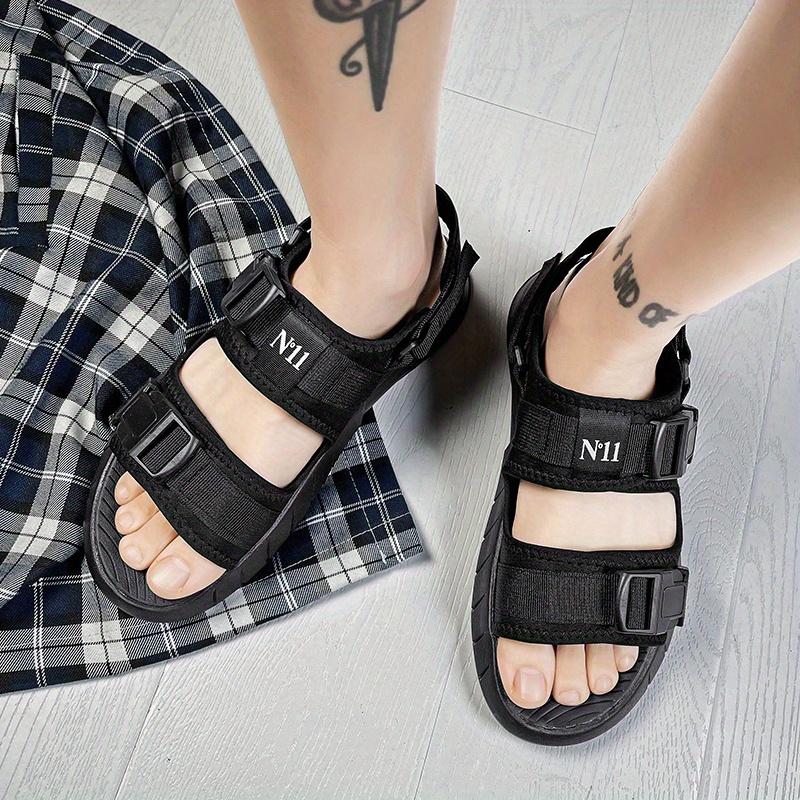 Men's sports sandals and slippers - beige fabric upper, black straps and buckles, TPR sole, Velcro closure, comfortable outdoor sports shoes for all-day wear