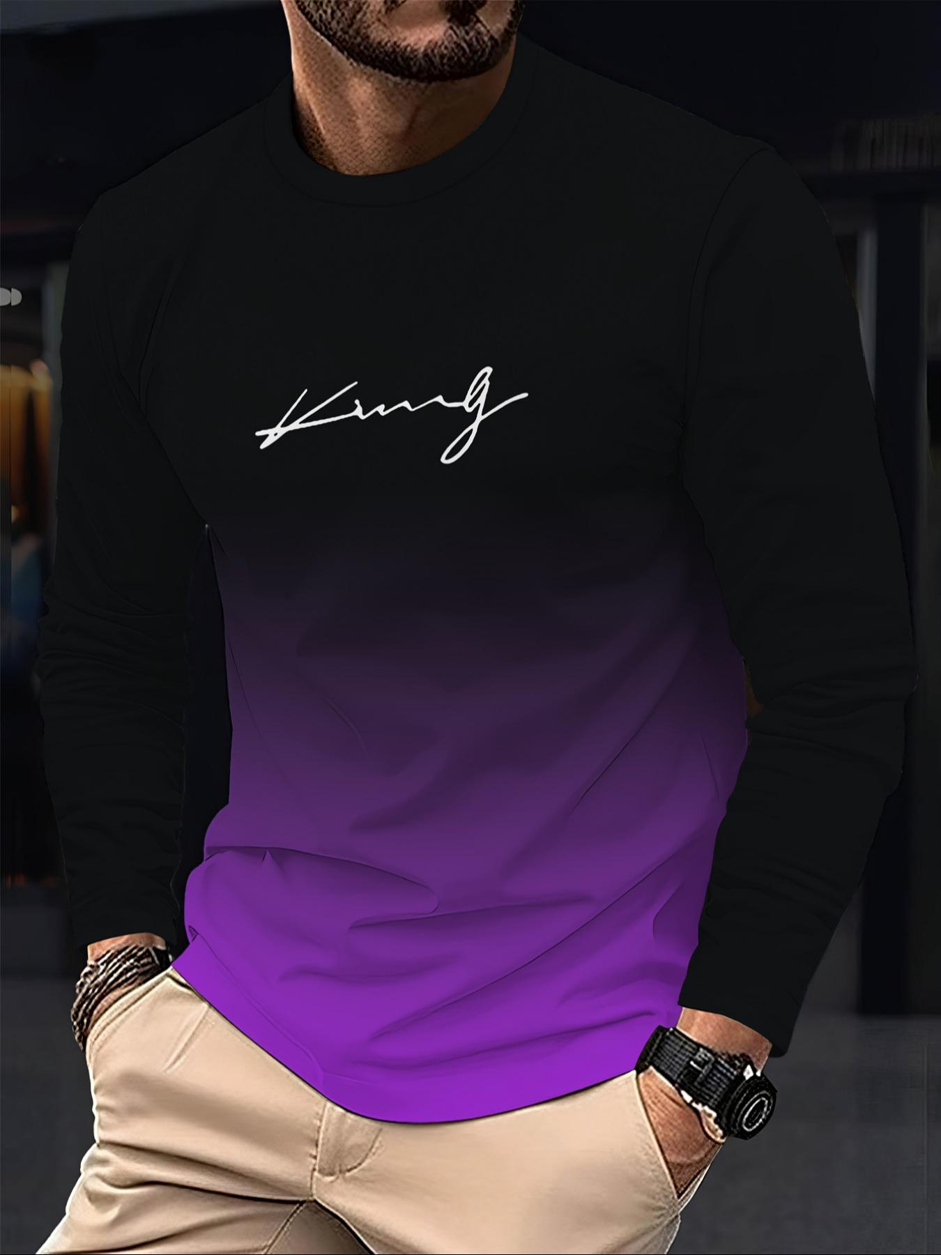 Men's Casual Long Sleeve Fitted T-Shirt, Gradient Color, Polyester Material, Round Neck, Letter Print Design