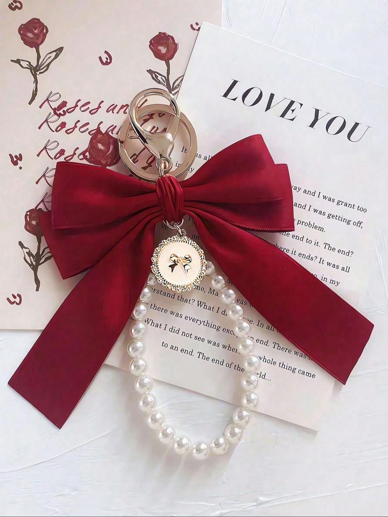 Cute Bowknot Design Bag Keychain, Faux Pearl Decorated Bracelet Keychain, Bag Pendant Keychain, Fashionable Bag Charm for Women & Girls, Bag Accessories for Purse, Backpack, Car