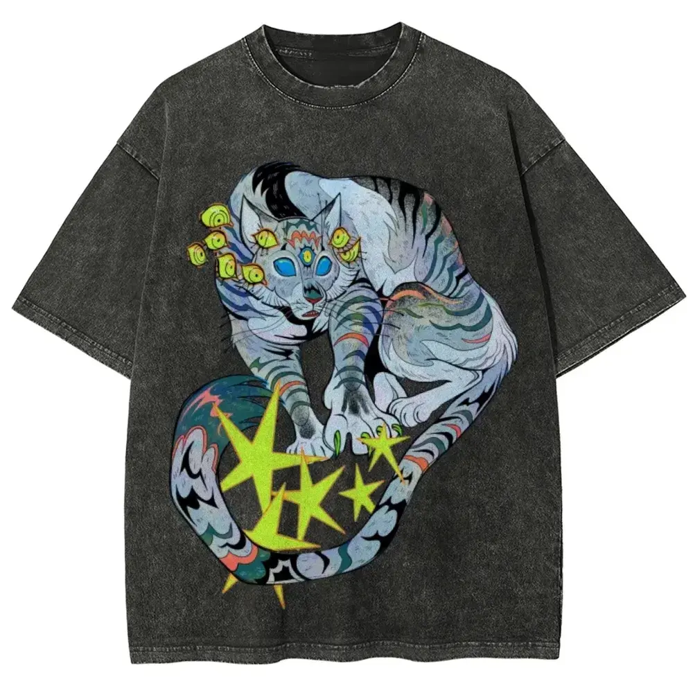 Men's Vintage Washed Round Neck Short-Sleeve Distressed Graphic T-Shirt - Festive Menswear Everyday Casual Streetwear Top, Tshirt, Graphic T Shirts, Cotton, Fitted Cut, Graphic Print