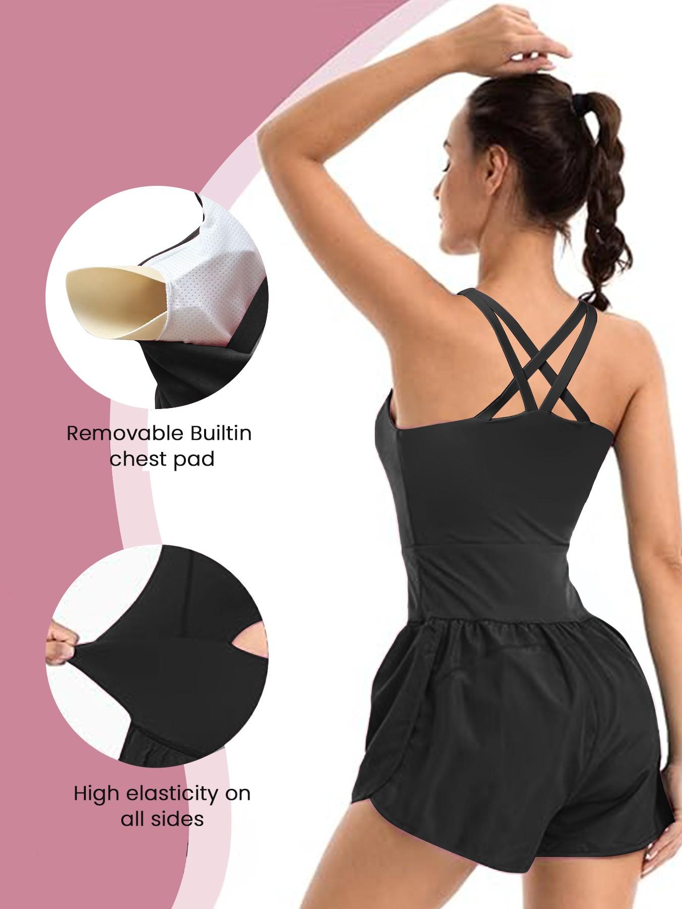Women's Solid Color Cut Out Sports Romper, Sporty Romper, Casual Sleeveless Tank Romper, High Waisted Romper, Elastic Waist Romper, Workout Rompers, Exercise Rompers, Athletic Rompers for Yoga Gym Workout, Ladies Sportswear for All Seasons, Yoga Jumpsuits