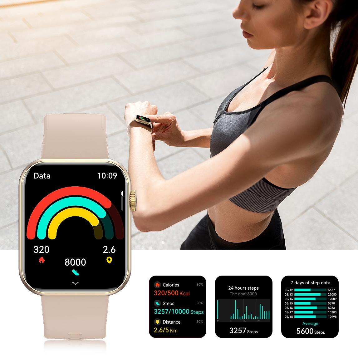 Universal smart sports watch, 1.83 inches HD touch screen, wireless calling, compatible with Android/iPhone, over 100 sports modes, pedometer, blood pressure and heart rate sports tracker, stainless steel and silicone dual strap, waterproof.