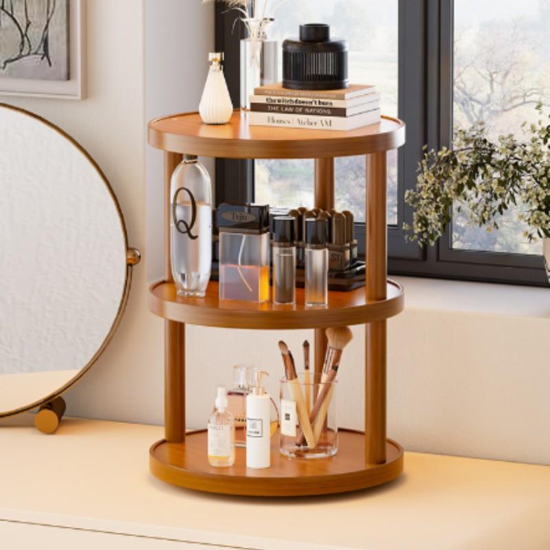 Round Table Three-Tier Storage Rack, Cosmetic Organizer, Perfume Display Stand, Fixed/rotating Base, Indoor Living Room Cup Holder, Bedroom Cosmetics Shelf