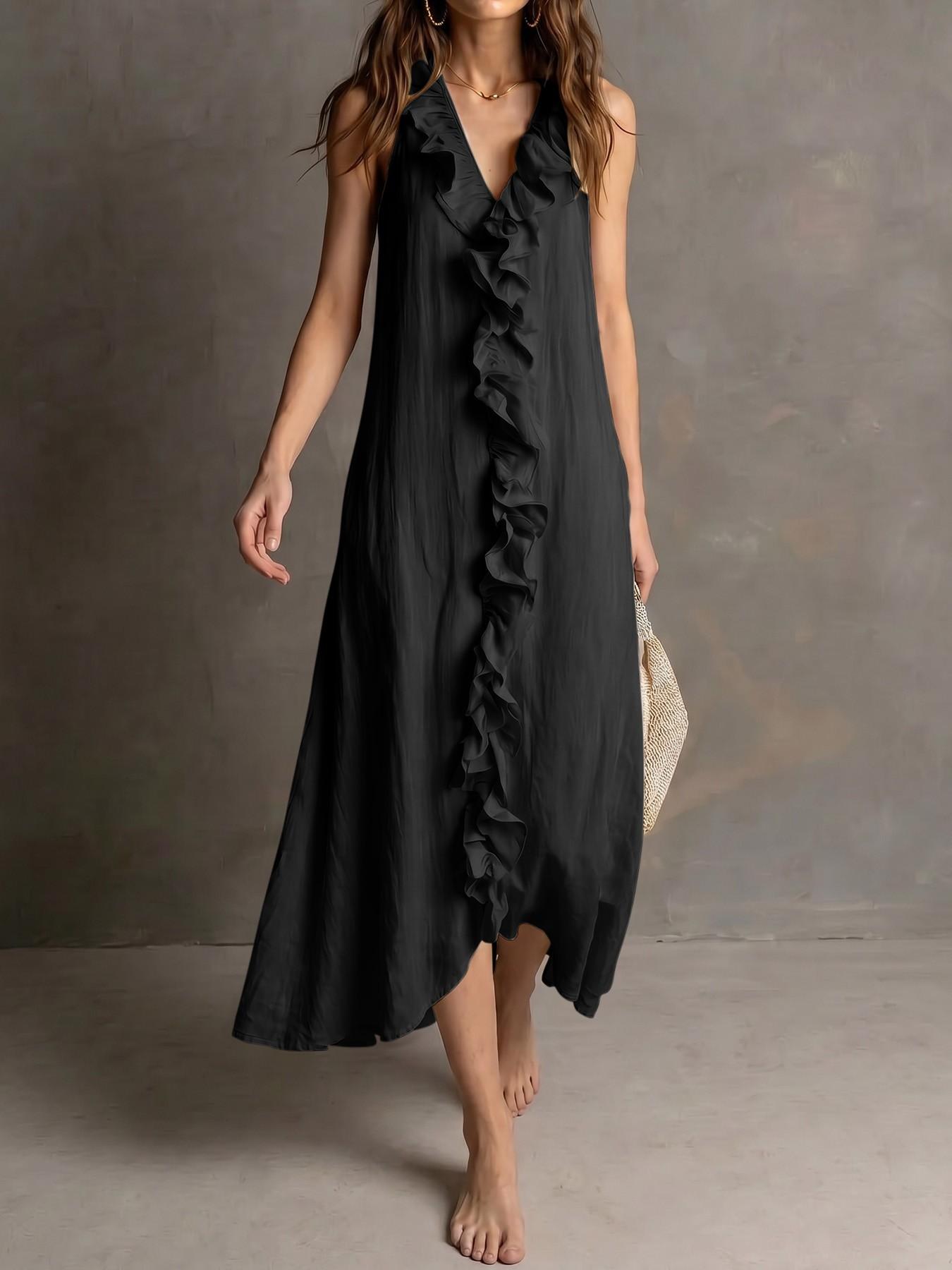 Elegant Chic Summer Boho Bohemian V-Neck Sleeveless Halter Maxi Dress for Women with Ruffle Trim, Comfortable Textured Fabric, Pockets, Multi-Size, Casual Wear, Everyday & Vacation Wear, Womenswear