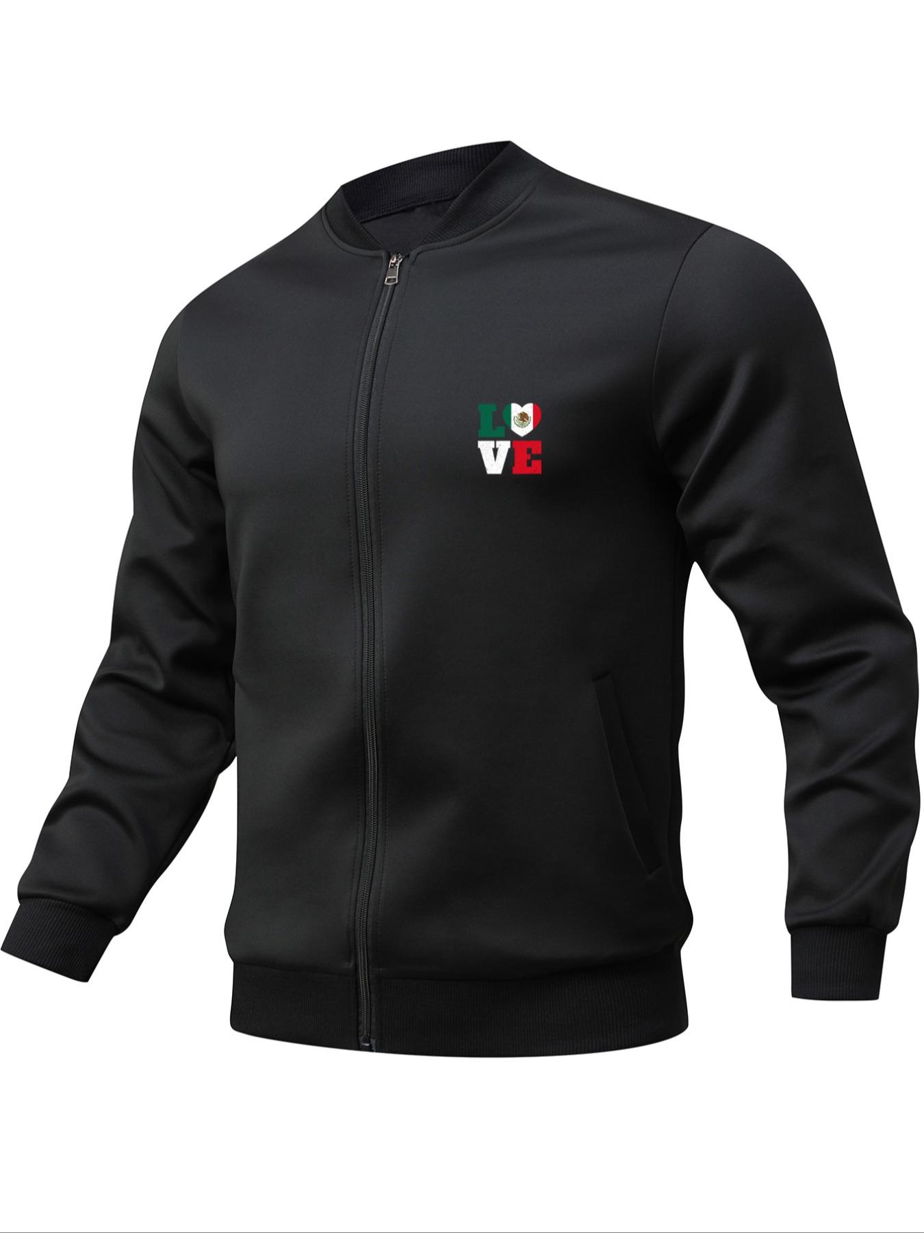 Men's Mexico Flag & Heart Print Zip Up Baseball Collar Jacket, Regular Fit Casual Long Sleeve Pocket Outerwear for Daily Wear, Fashion Men's Clothes for All Seasons
