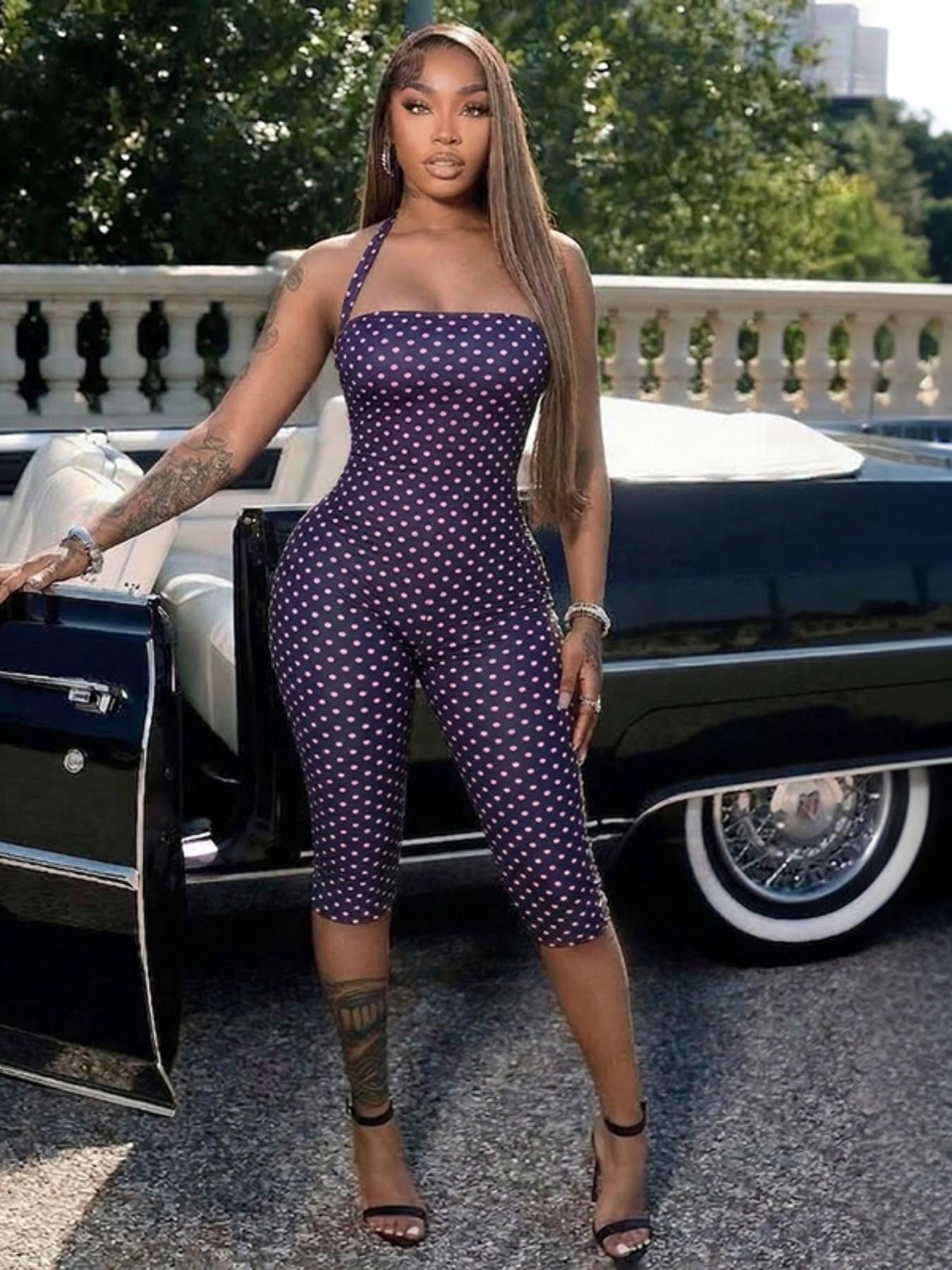 Women's Polka Dot Sleeveless Halter Bodycon Fit Long Pants, Elegant Retro Chic Style, Perfect for Daily Commute and Dates, Halter Neck Jumpsuit Women's Polka Dot Sleeveless Halter Bodycon Fit Long Pants, Elegant Retro Chic Style, Perfect for Daily Commute and Dates, Halter Neck Jumpsuit