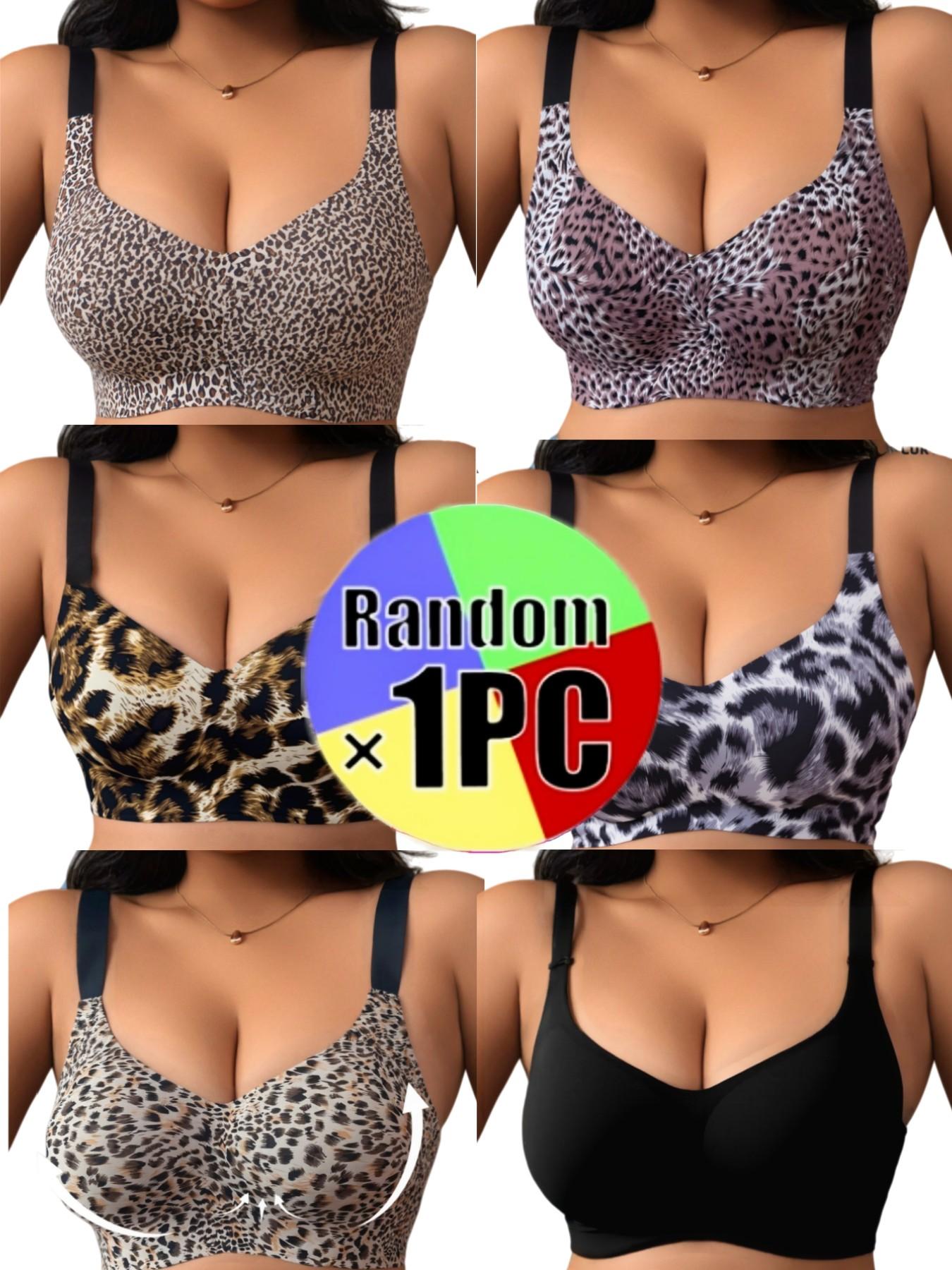Randow Color,【Plus Size】 Leopard Print Wireless Bra, Comfortable Breathable Adjustable Strap Removable Chest Pads Bra, Women's Lingerie for All Seasons, Womenswear