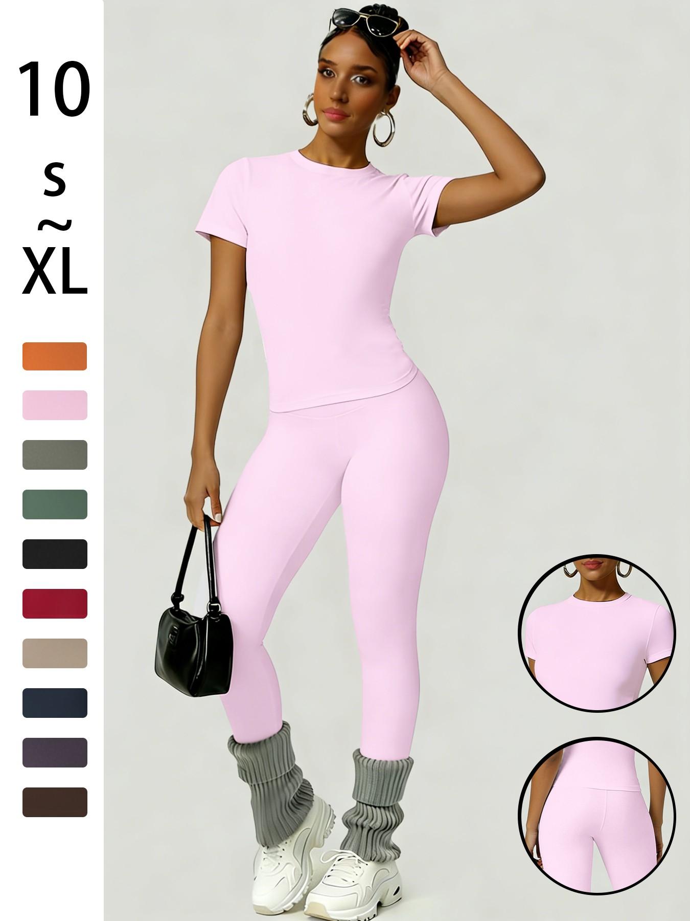 Women's Slim-Fit Round Neck Short Sleeves Top & High-Waisted Yoga Pants Sportswear Set, Ideal for Gym Running and Outdoor Activities