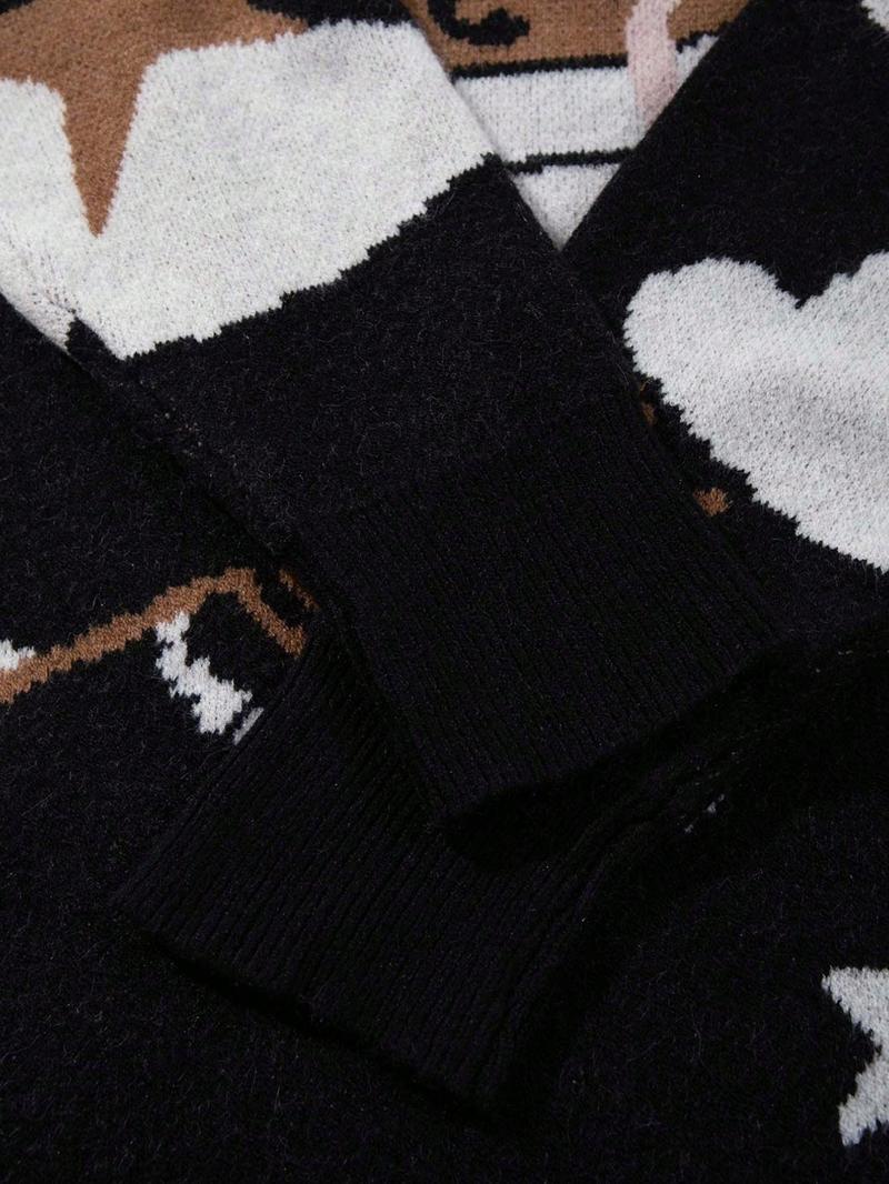 Men's Casual College Style Knit Sweater, Multicolor Cartoon Pattern, Star Cloud Jacquard Design, Round Neck Loose Fit Pullover