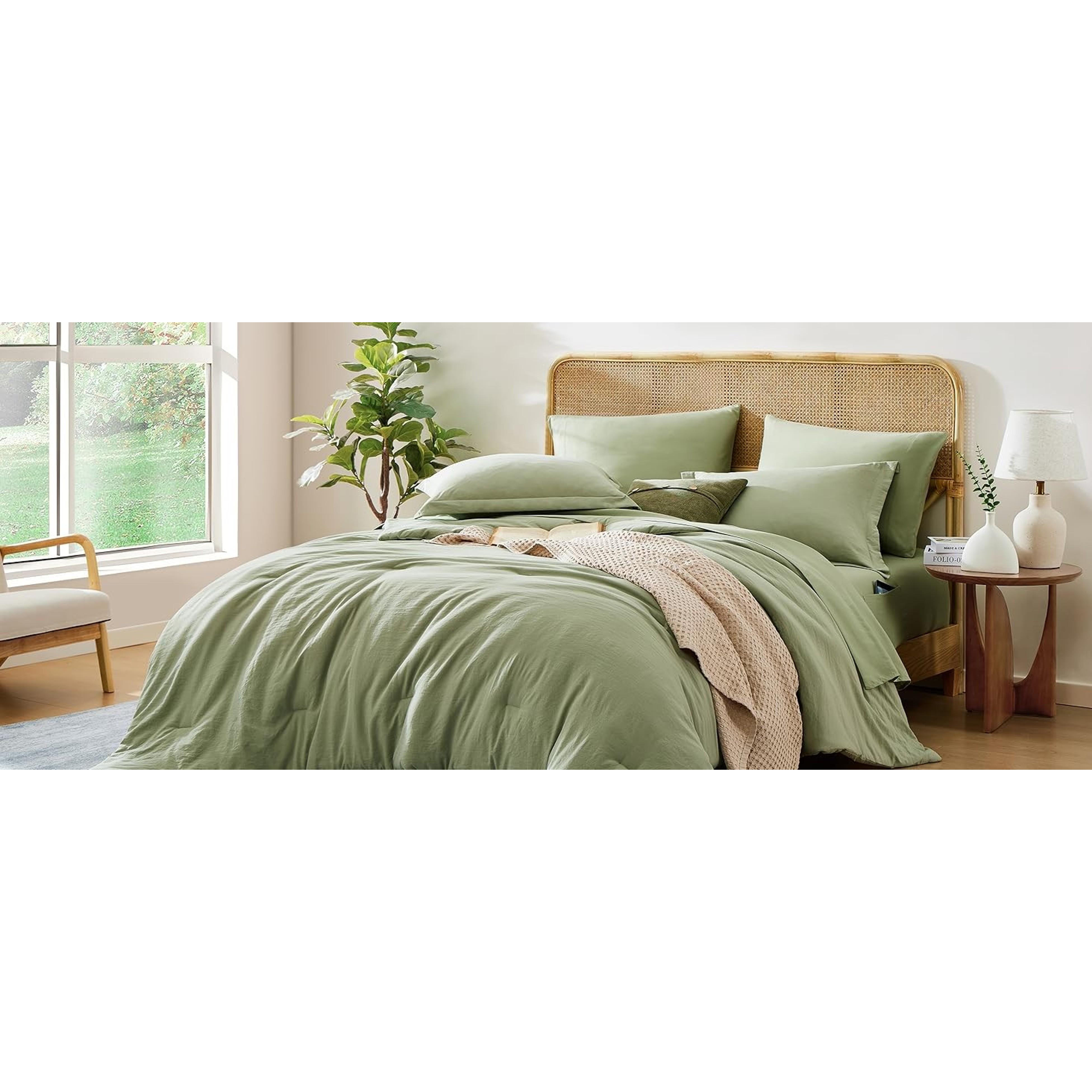Queen Comforter Set-7 Pieces Soft Prewashed Bed in a Bag Queen Bedding Sets | All Season Comforter with Sheets, Pillow Shams & Pillowcases, Sage Green