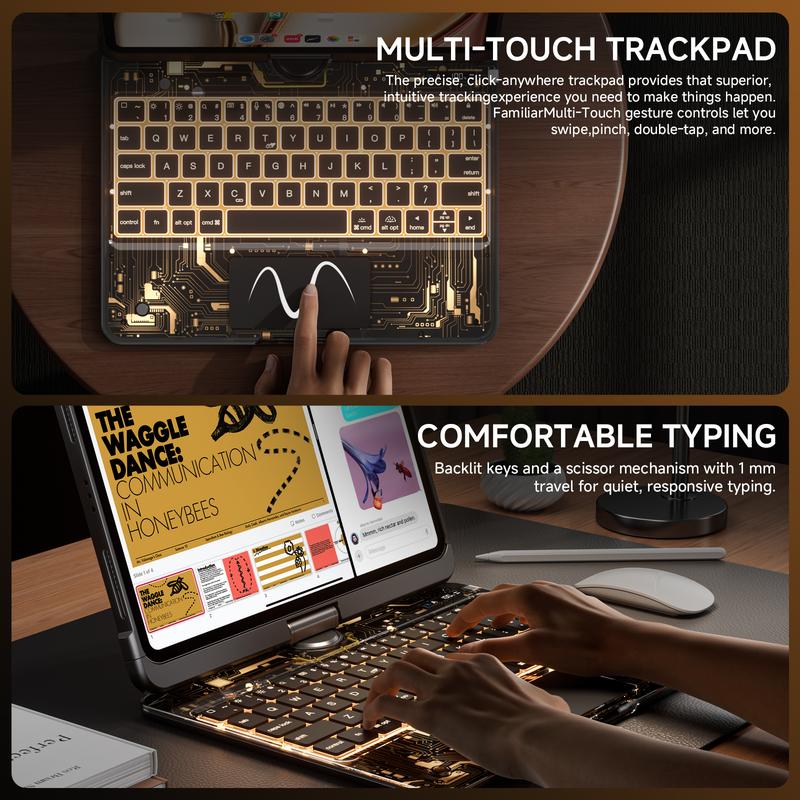 360° Rotating iPadCase  with Keyboard For(M3/M2, 2025/2024) & Air 5/4 Gen, 360° Rotating Multi-Touch Trackpad, 7-Color Backlit Keyboard,Transparent Back, Pencil Holder, Type-C Chargin