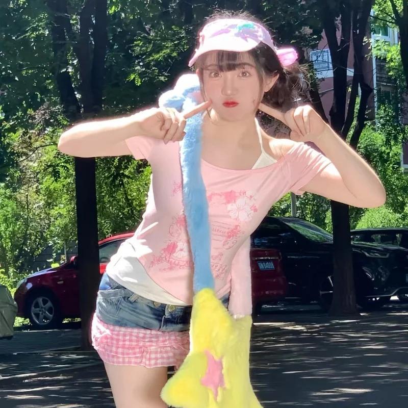 Subculture Woman Clothing Y2K Punk T-shirts American Vintage Sweet Sexy Short Female Clothing Green Summer Casual Popular Tops