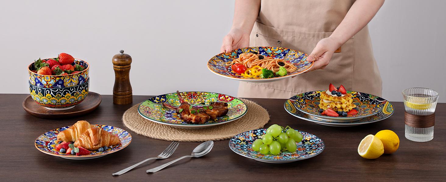 vancasso 12 Pieces Dinnerware Sets, Plates and Bowls Set, Porcelain Dishes Set for 4, Microwave and Dishwasher Safe, Scratch Resistant, Bohemian Style Dining Ware Service for 4, Series SIMI