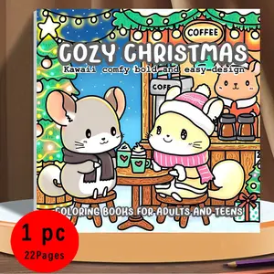 Cozy Christmas Kawaii Bold & Easy Coloring Book for Adults & Teens - 22 Cute Comfy Winter Holiday Coloring Pages, 120gsm Thick No Bleed Paper, Non-Toxic Odorless, Glue Binding, Perfect for Stress Relief