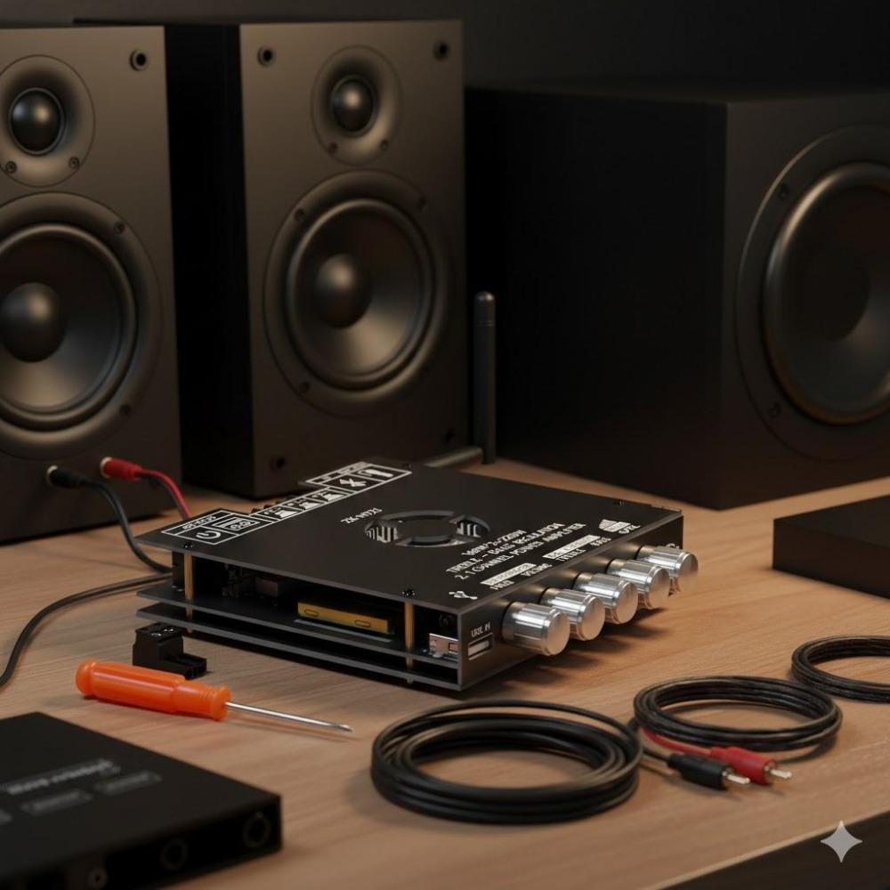 2.1CH 160W+220W Bluetooth 5.0 Audio Amplifier Board with USB/AUX Input, Adjustable Bass Treble Control, 15-36V DC Power for DIY Stereo Upgrade, Supports Subwoofer.