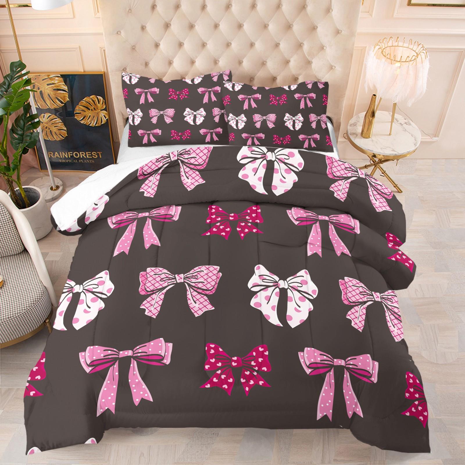 2/3 Pcs Coquette Pink Bow Print Comforter Set, Cute Y2K Aesthetic Bedding Set, Soft Warm Breathable & Fade Resistant Digital Print, Ideal for Girls Bedroom Dorm Guest Room Decor, All Season Use - Without Pillow Insert