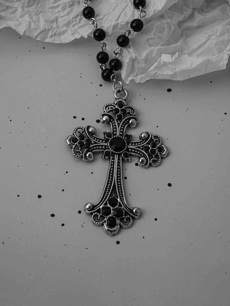 Gothic Bat Cross Heart Oil Pendant Necklace Set, Vintage Punk Unisex Beaded Chain, Party Personalized Jewelry Kit, Cross Necklaces