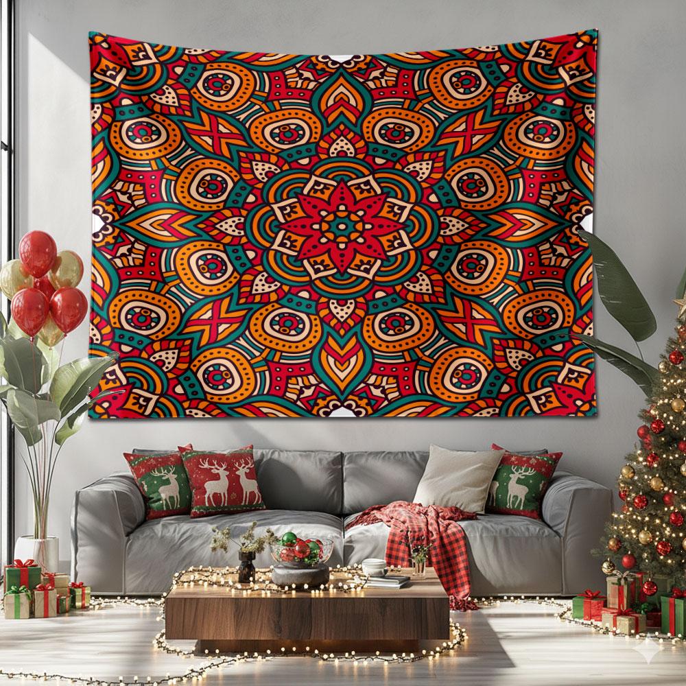 Indian Ethnic Tapestry, Red Mandala Wall Art for Living Room, Festive Backdrop