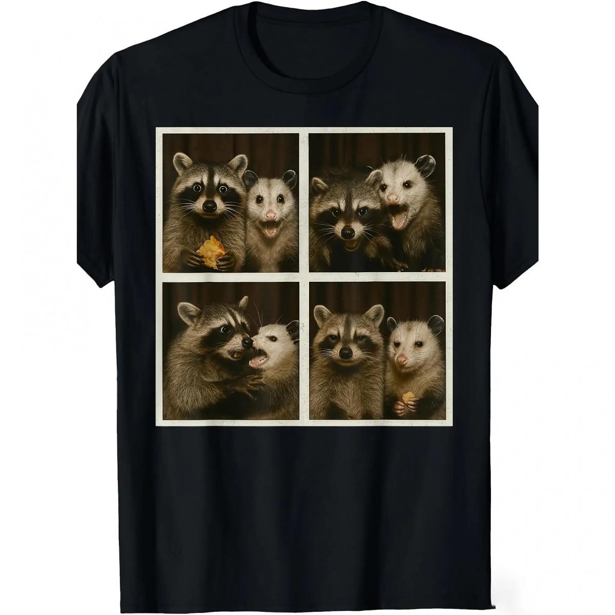 Funny Possum and Raccoon Selfie Pattern T-Shirt - Vintage Style Unisex Short Sleeve T-Shirt, featuring 4 animal selfie designs, suitable for both men and women, suitable for all seasons, and ideal for casual and themed events