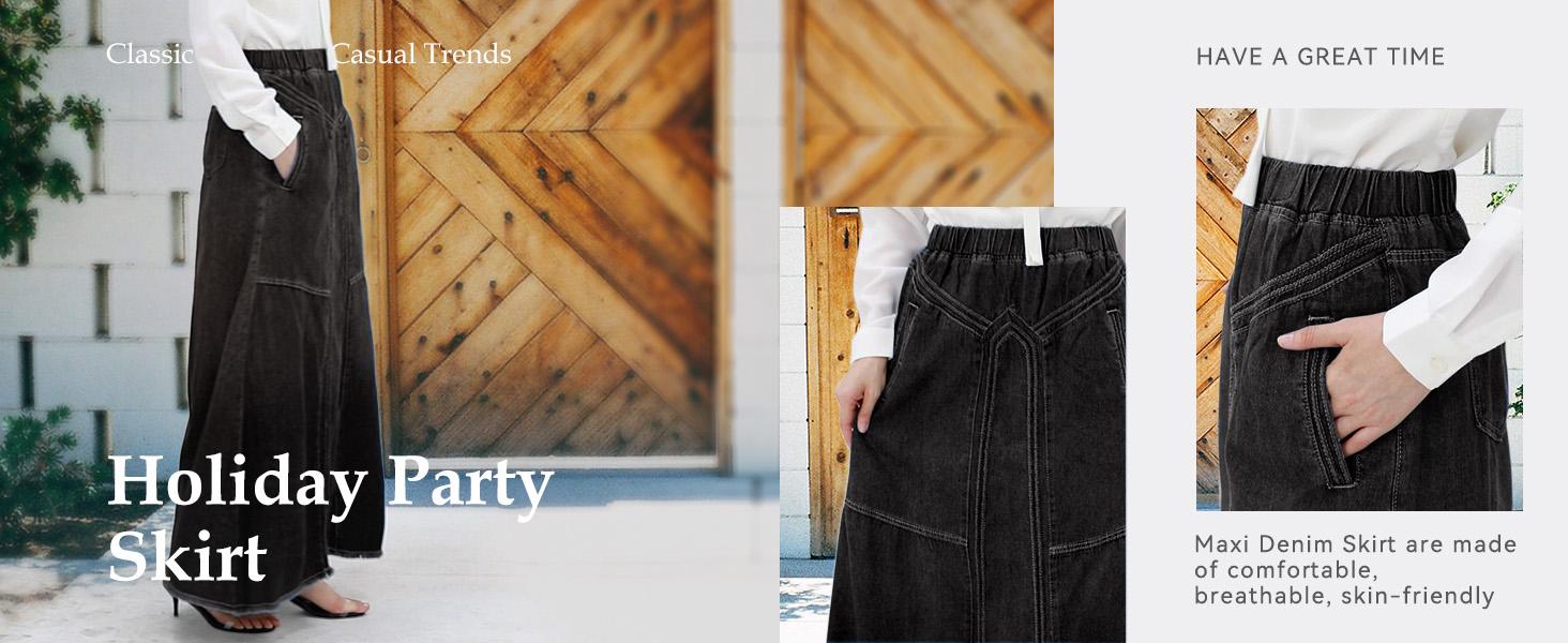 CHARTOU Women's A-line Long Denim Skirt Vintage Stretch High Waist Frayed Denim Skirt with Pockets Maxi Black CHARTOU Women's A-line Long Denim Skirt Vintage Stretch High Waist Frayed Denim Skirt with Pockets Maxi Black