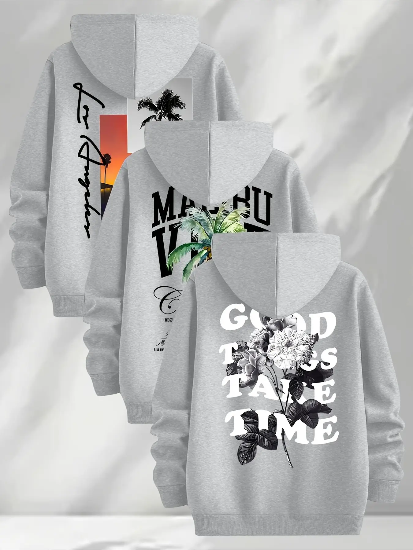 3PCSMen's Casual Loose Fit Hooded Sweatshirt, Trendy Graphic Letter Palm Tree & Floral Print Long Sleeve, Perfect for Daily Outdoor Wear