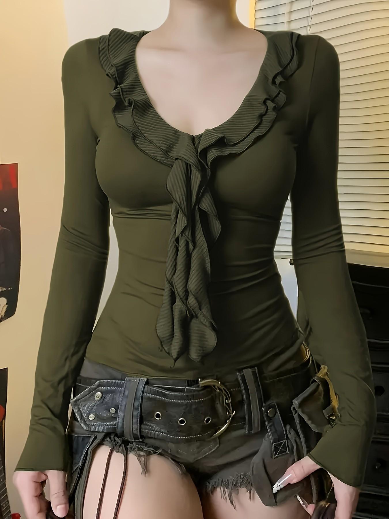 Y2K Ruffle Fitted Long Sleeve Ruffled Blouse, Vintage Boho 