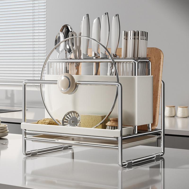 1PC 304 Stainless Steel All-in-One Kitchen Organizer Rack, Multifunctional Storage for Knives, Cutting Boards, Chopsticks, Spatulas, Ladles & Utensils, Countertop/ Wall-Mounted Knife Block with Drainage