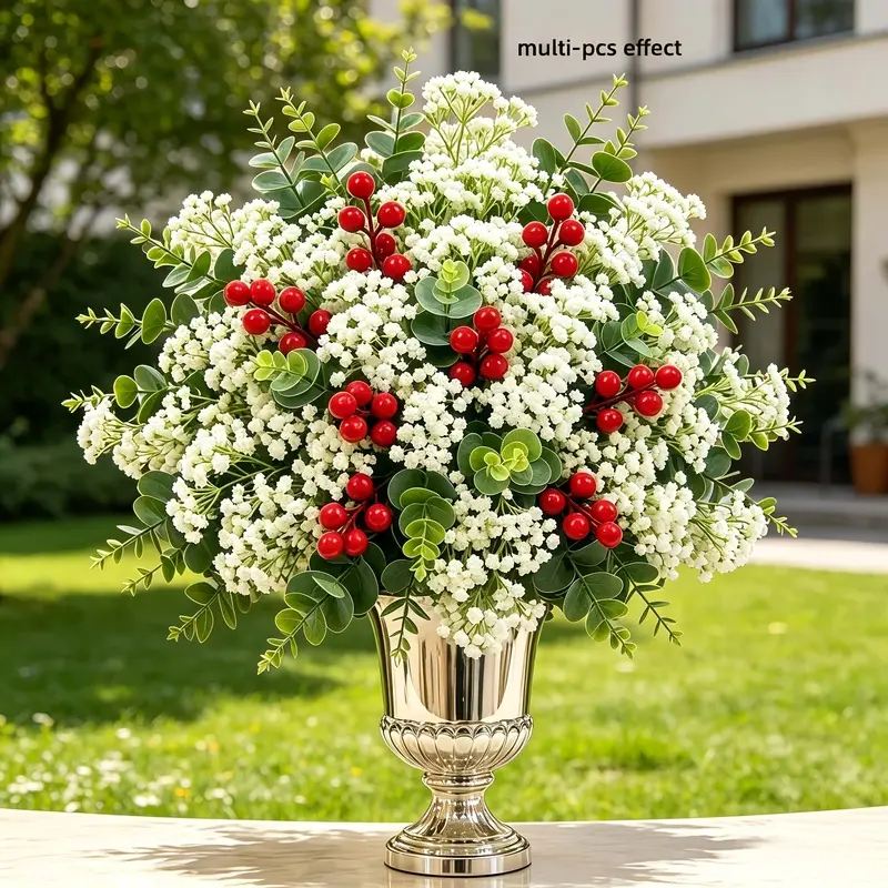44PCS Mixed Artificial Flower Set, Premium Faux Eucalyptus Stems, Baby's Breath & Red Berries, Realistic Fake Greenery for DIY Bouquets, Indoor & Outdoor Floral Arrangement, Wedding Decor for Wedding Planners, Durable Plastic Artificial Flowers