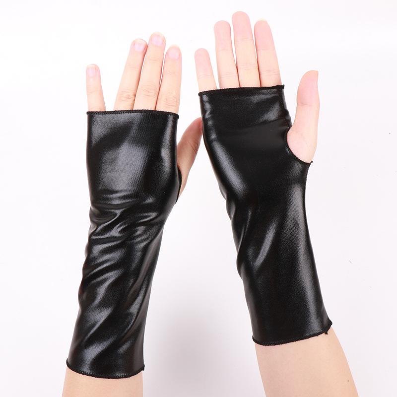 1pc Fingerless Patent Leather Black Short Gloves Halloween Decorative Gloves Punk Style Hip Hop Faux Leather Stage Performance Gloves