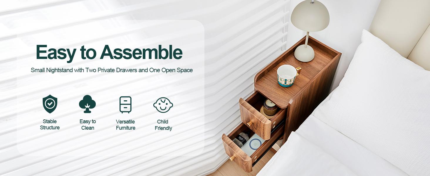 Giratree Mid-Century Modern Nightstand with 2 Drawers, Narrow Vintage Wooden End Table with Open Storage, Wooden Bedside Table Compact Organizer for Bedroom or Living Room