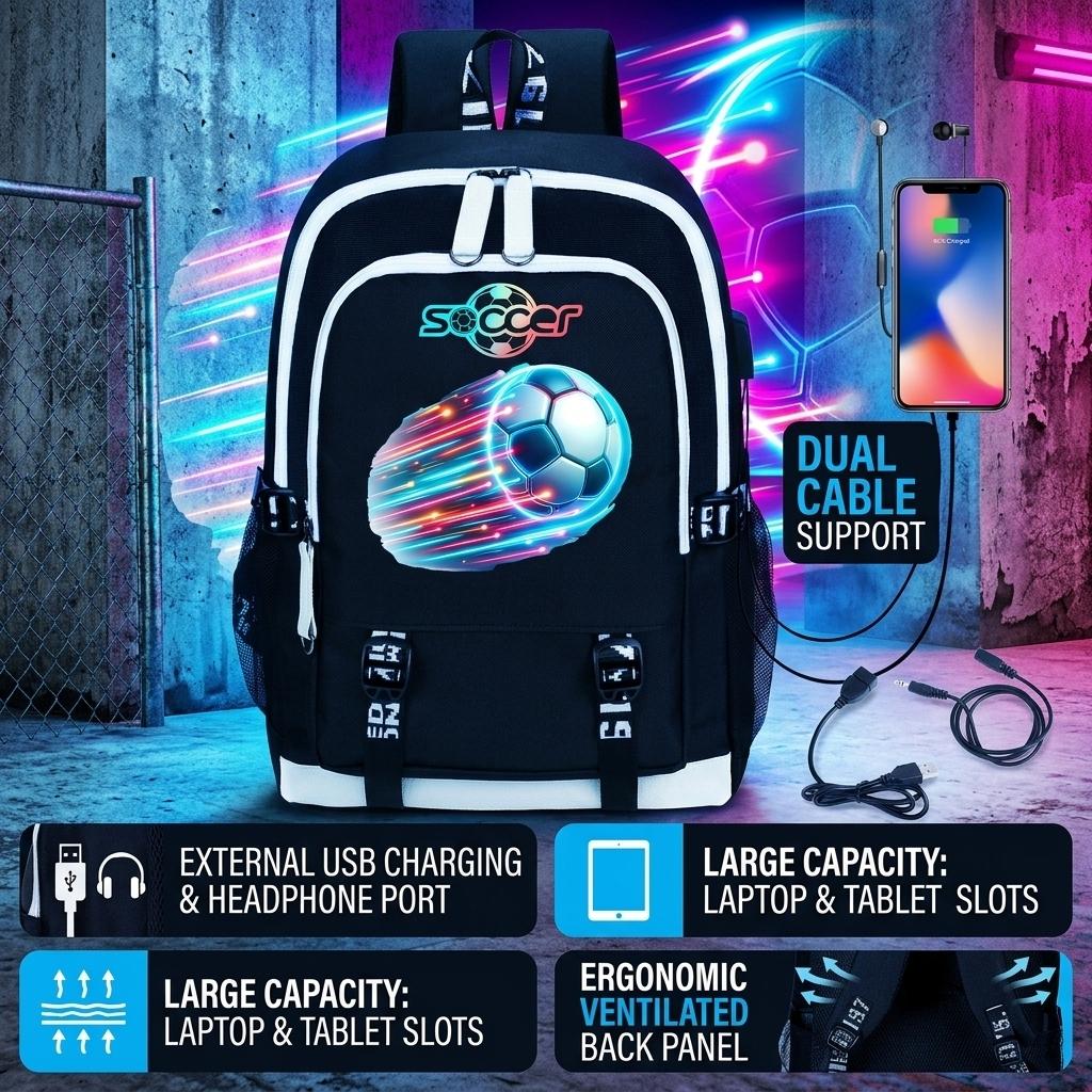 World Cup Soccer Star Print Student Backpack USB Charging Port Breathable Wear Resistant Ergonomic Weight Relief School Bag Large Capacity Laptop Backpack For Boys Girls School Travel Daily Commute Sturdy Construction