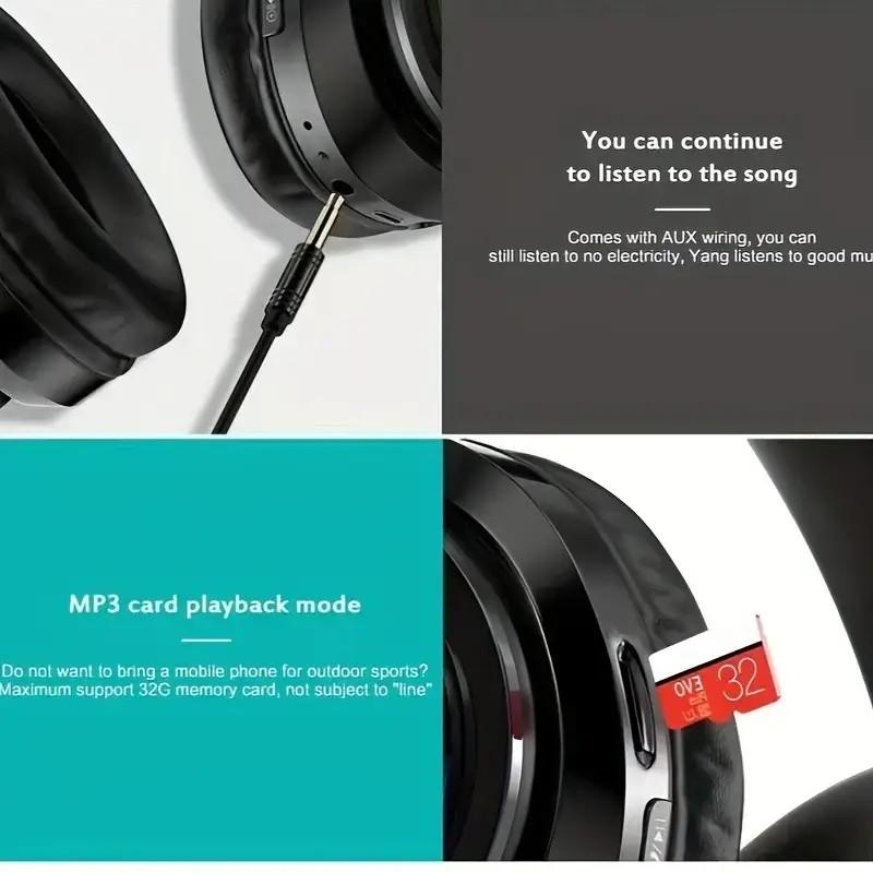 Wireless Over-ear Headphone, Noise Cancelling Headphone with LED Light &microphone & FM & SD Card Slot, Stereo Sound Bluetooth-compatible Headphone for Home Office Travel Wireless Headphones