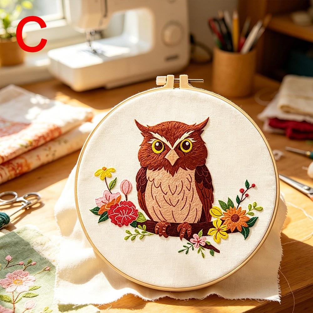 Animal Theme Embroidery Kit for Beginners, Owl Pattern Hand Sewing Set, Includes Fabric, Threads, Tools, Hoop, Instructions, Home Decor, Gift