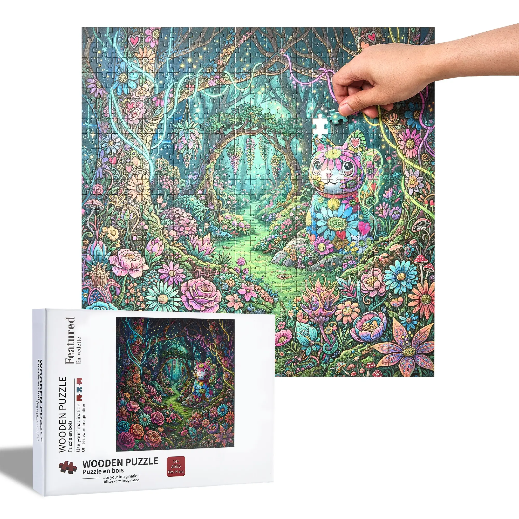 500pcs Wooden Puzzle for Adults, Creative Puzzle, Advanced Jigsaw Puzzle, Relaxing Enchanted Kittens, Stress Relief, Magical Gift Idea, Magic Forest Hidden Cats