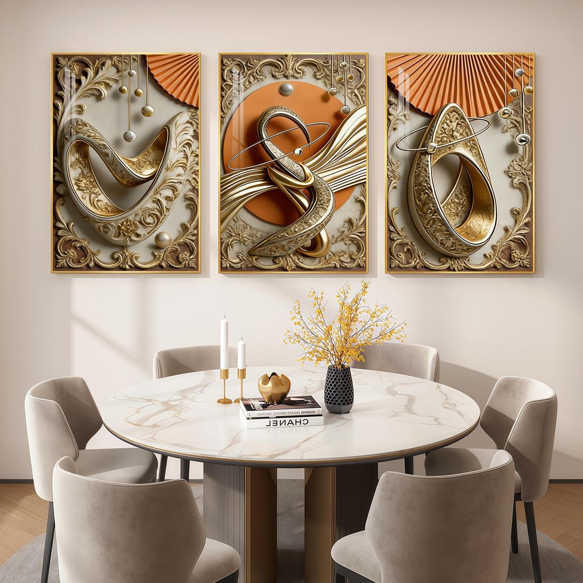 3 Counts Aluminum Alloy Framed Painting, Abstract Gold And Beige Geometric Art Pictures, Home Decoration For Living Room, Bedroom, Office, Restaurant, Hallway Wall Decor, Odorless Print Artwork, Luxury Perfect Gift For Friends And Family
