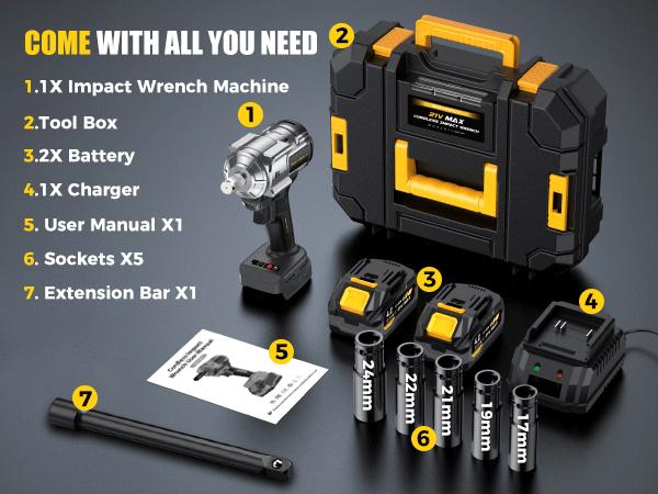 SOARFLY 1200NM (900FT-LBS) Cordless lmpact Wrench, For Automobiles, Trucks, 2x 4.0Ah Batteries, Fast Charger, 3000RPM, 5 Sockets & 1 Extension Bar