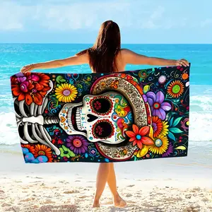 1 Day of the Dead Skull Beach Towel—Vibrant floral and skull patterns, ultra-soft microfiber material, quick-drying, colorful festive designs, perfect for the beach, pool, yoga, and camping—a lightweight, machine-washable decorative towel
