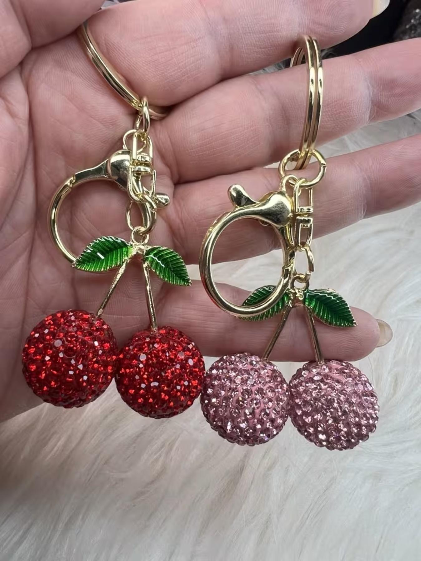 Cute Rhinestone Cherry Keychain with Red & Pink Glitter-Studded Cherry Pendant Women's Cherry Keyring Rhinestone Fruit Charms Trendy Cute Keychain Bag Keychain Backpack Handbag Bag Chain Accessory Jewelry Valentine's Day Gift Bling Bling Keychains