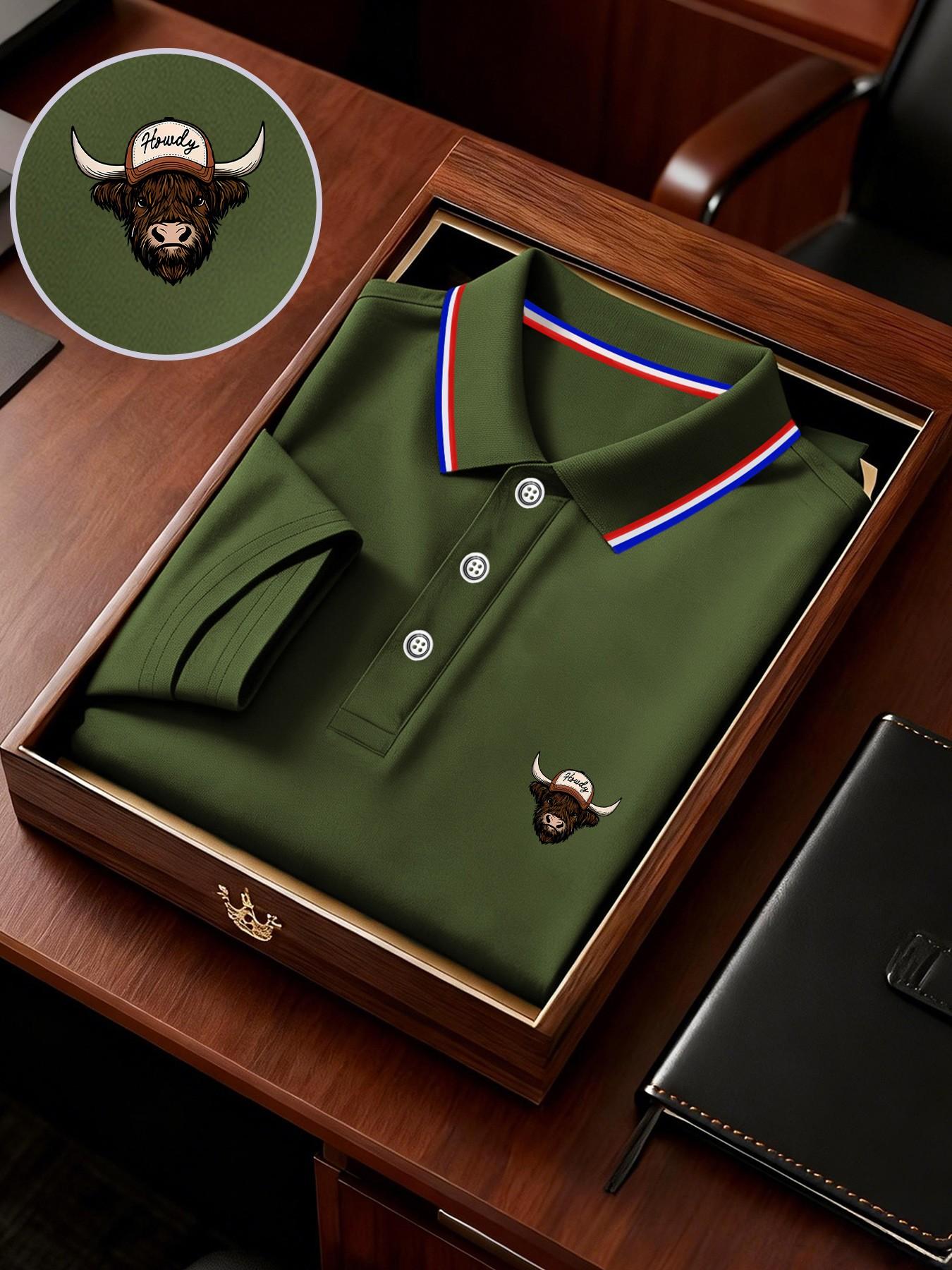 Men's Geometric Print Polo Shirt, Loose-Fit Short Sleeve, Breathable Elastic Fabric, Casual Business Tee, Spring Summer Outdoor Wear