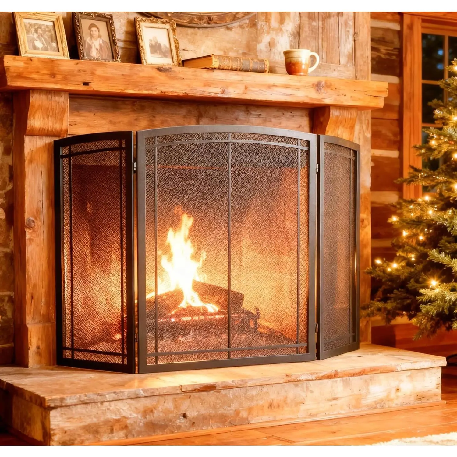 Fireplace Screen 3 Panel Wrought Iron Black Metal 48"(L) x30(H) Spark Guard Cover (Modern)