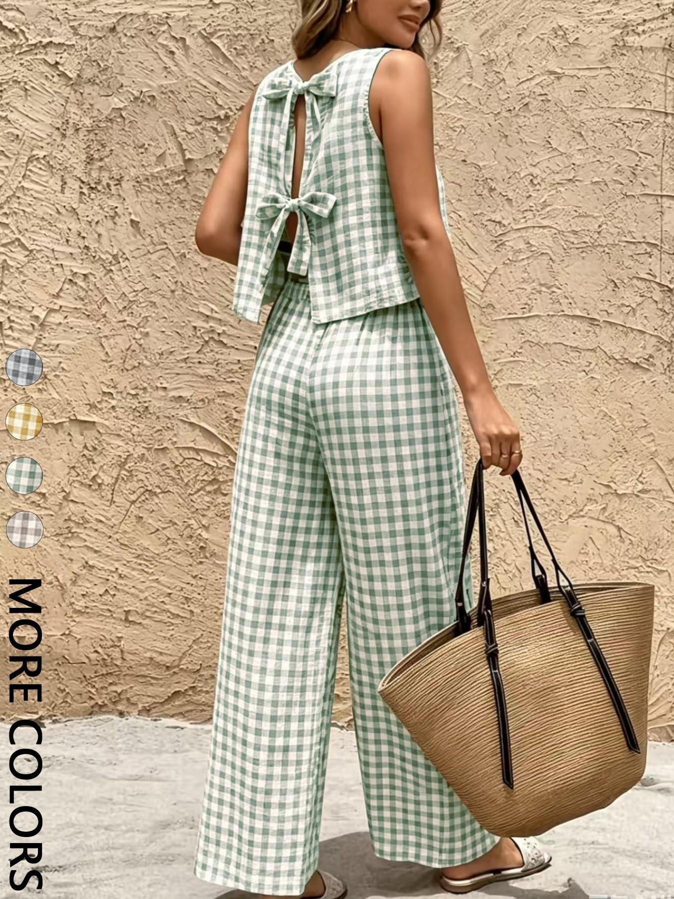 Women's 2-Piece Vintage Plaid Set, Casual Tank Top and Wide-Leg Pants, Summer Comfortable Matching Outfit