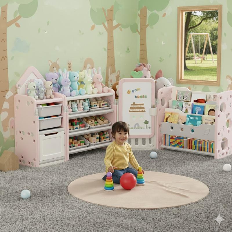 Foldable Kids Toy Storage Organizer with 10 Removable Bins and 3-Tier Bookshelf, 4 in 1 Multifunctional Large Toy Organizer with Drawing Board for Kid Bedroom Playroom Living Room, Light Pink
