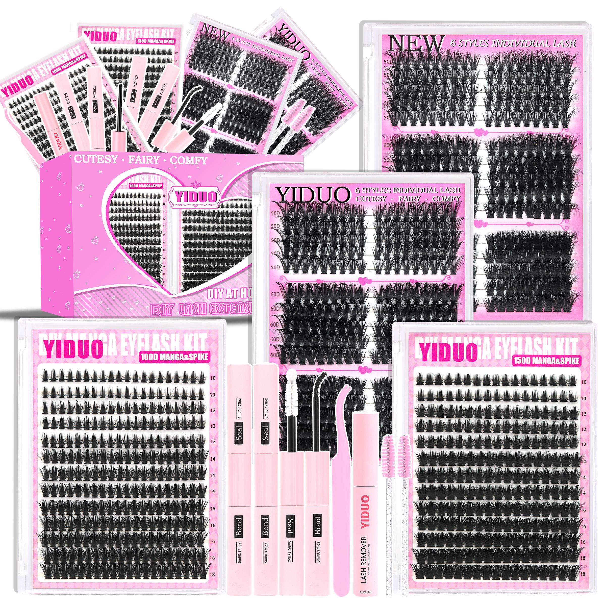 1488pcs Lash Cluster Kit, Individual Eyelash Kit, Home DIY Makeup Eyelash Extensions Set with 10 Styles (50D/60D/80D/100D/Bottom/Spike/Manga/Volume 5–20mm), D-Curl Cluster Eyelash Extension Kit with Lash Bond & Seal, Remover, Tweezers & Brush