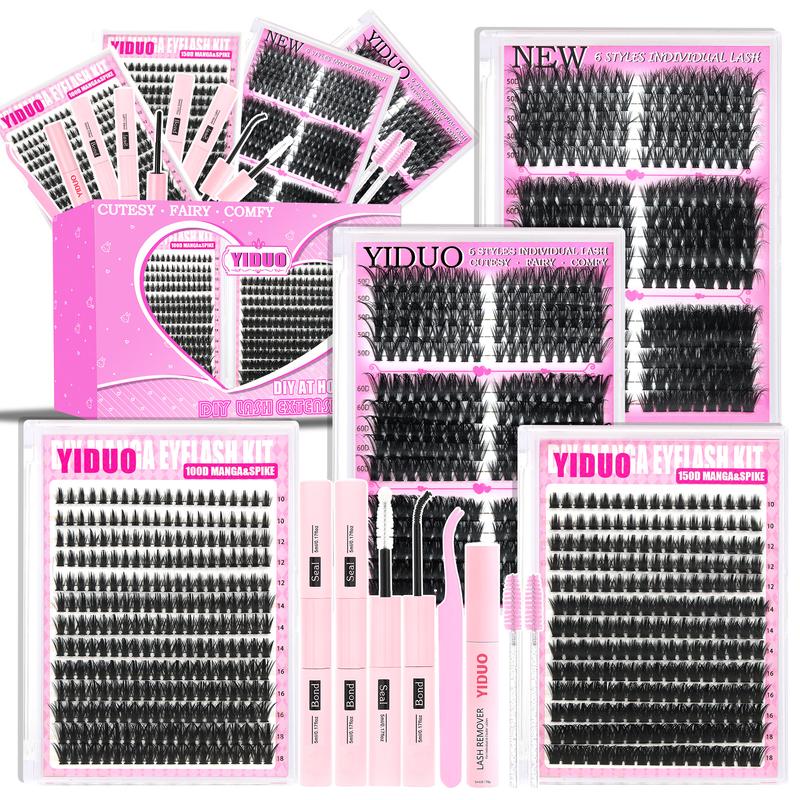 1488pcs Lash Cluster Kit, Home DIY Makeup Eyelash Extensions Set with 10 Styles (50D/60D/80D/100D/Bottom/Spike/Manga/Volume 5–20mm), D-Curl Cluster Eyelash Extension Kit, Diy Eyelashes Kit with Lash Bond & Seal, Remover, Tweezers & Brush