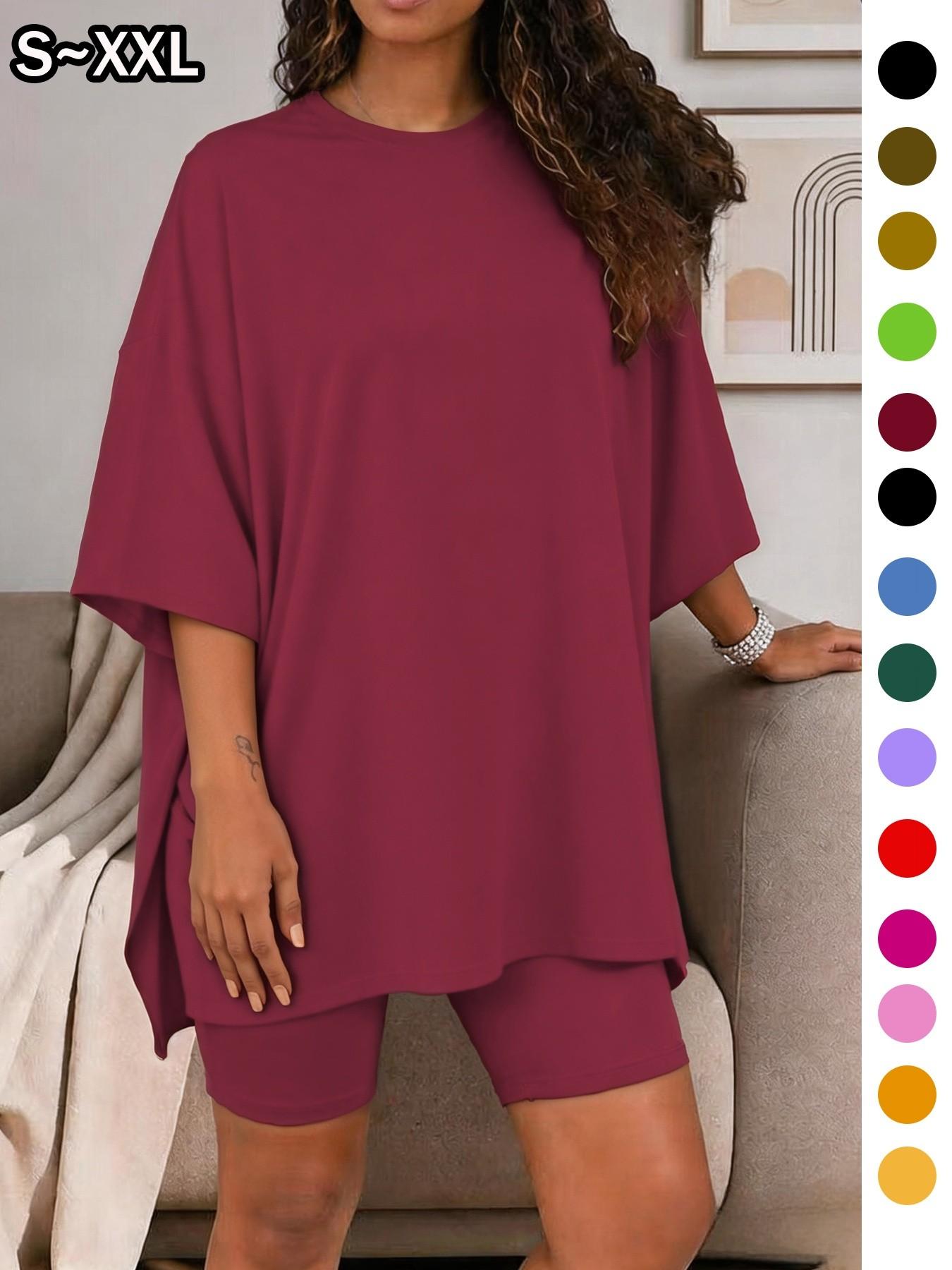 Women's Solid Color T-Shirt and Tight Shorts Set Loungewear, Summer Comfort Round Neck Pajamas, Casual Pocket Design, Suitable for Outdoor Wear